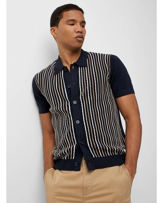 SELECTED Blue Vertical Stripe Knit Shirt for men