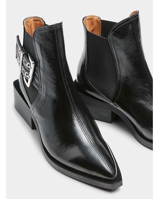 Ganni Black Buckles Glossy Leather Chelsea Boots Women