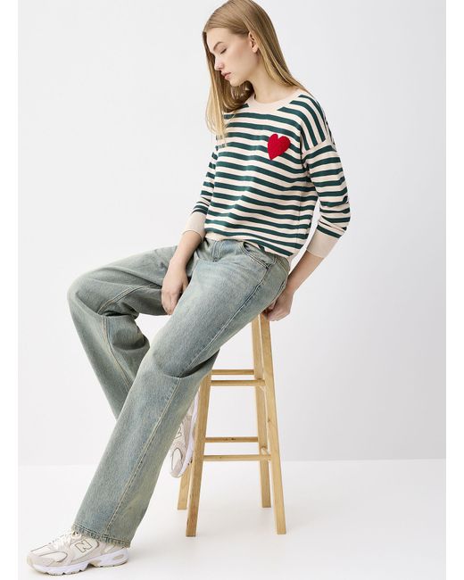 Twik Gray Fleece Heart Striped Sweater