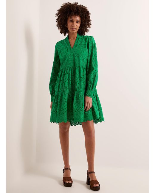 Y.A.S Green Broderie Anglaise Tiered Dress