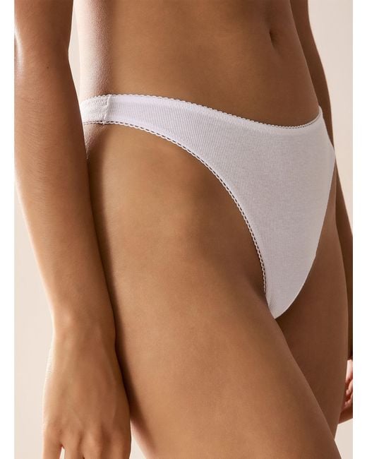 Miiyu Natural Scalloped Trim Ribbed Thong Cotton And Recycled Polyester