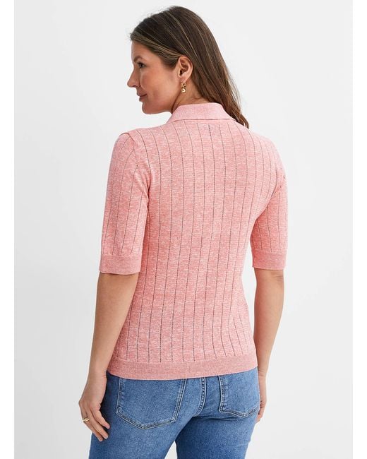 Boss Pink Flicity Openwork Stripes Knit Polo Shirt