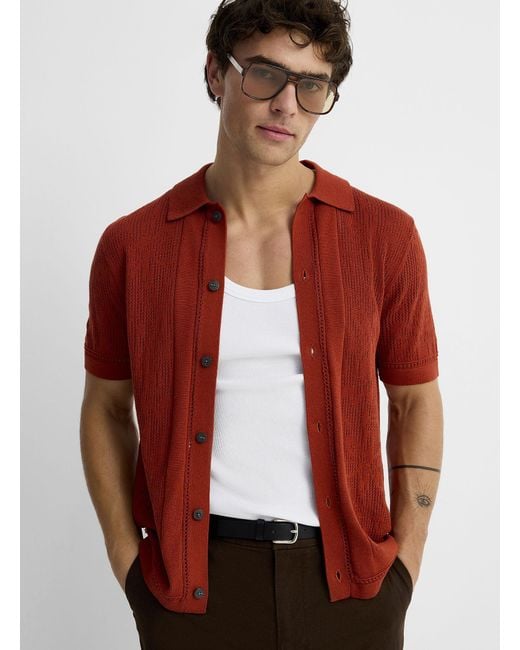 Le 31 Red Patterned Openwork Knit Polo for men