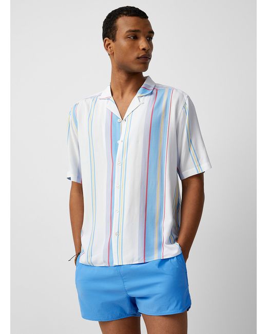 Le 31 White Vertical Stripe Camp Shirt Comfort Fit for men