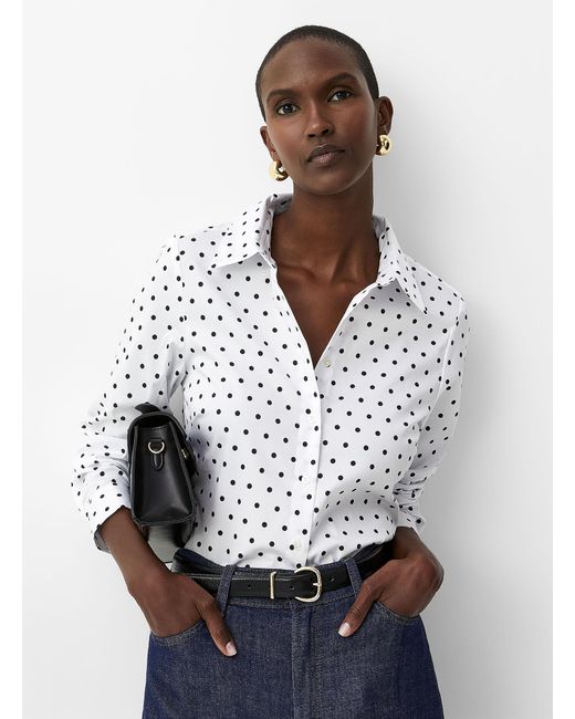 Contemporaine White Polka Dot Stretch Poplin Shirt
