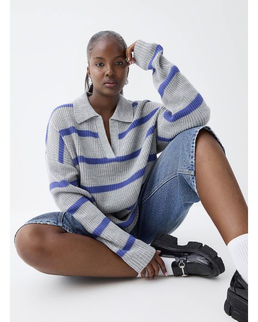 Twik Blue Ribbed And Striped Johnny Collar Sweater