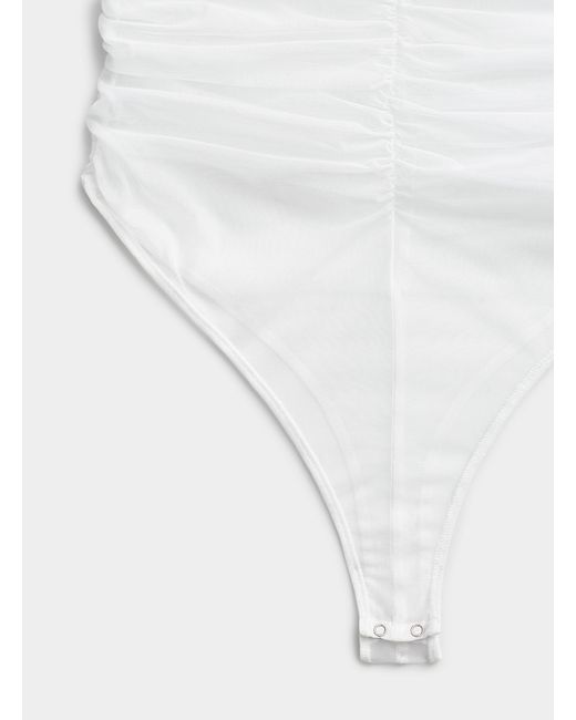 Icône White Ruched Micromesh Sleeveless Bodysuit