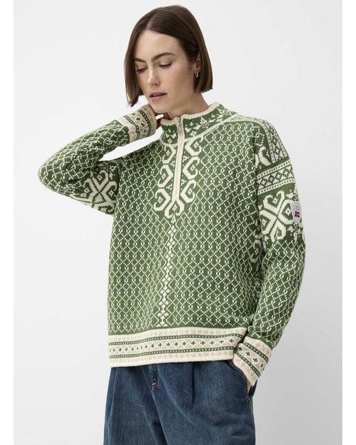 Dale Of Norway Green Leknes Pure Wool Zippered Neck Sweater