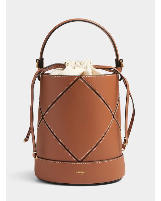 Oroton Leather Patch Topstitched Shoulder Bag in Brown Lyst