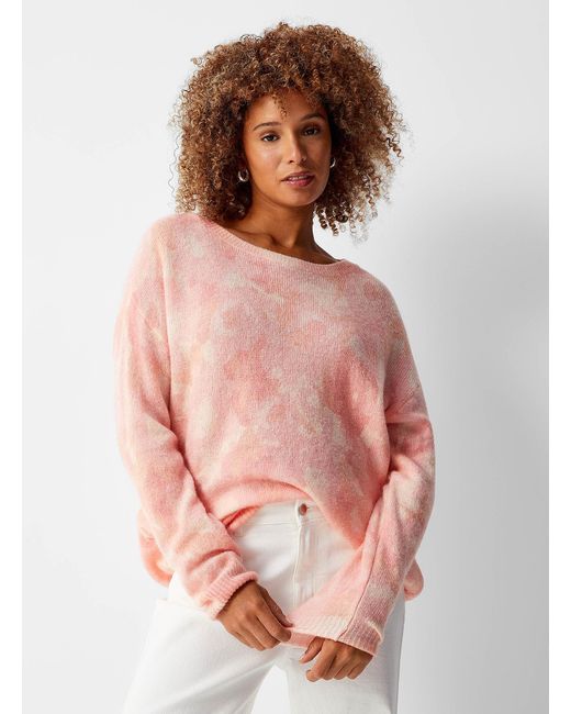 Contemporaine Pink Colorful Flower Garden Fuzzy Knit Sweater