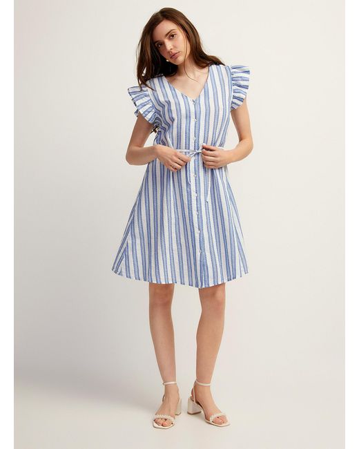 Ichi Blue Stripes Ruffled Sleeves Flared Dress