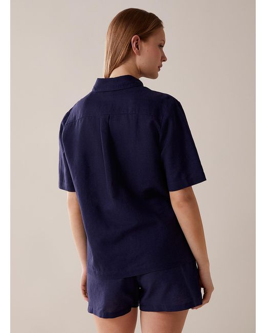 Miiyu Blue Plain Linen And Cotton Lounge Shirt