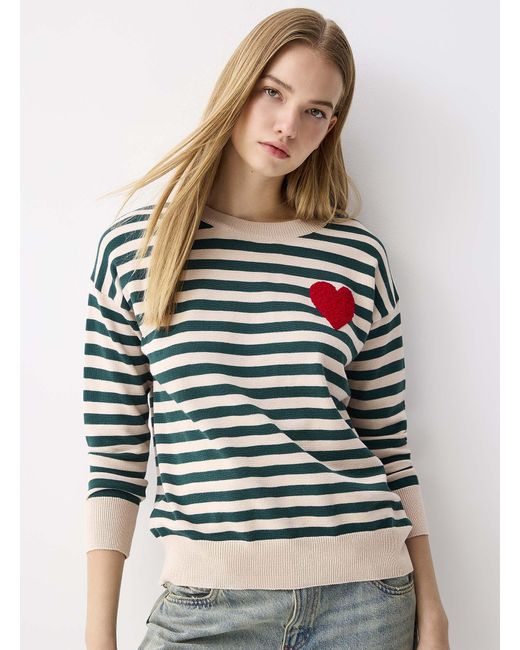 Twik Gray Fleece Heart Striped Sweater