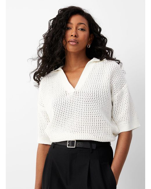 B.Young White Johnny Collar Openwork Sweater