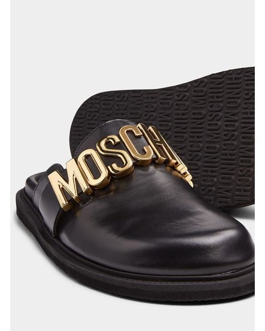 Moschino Brown Gold Logo Shiny Leather Mules Men for men