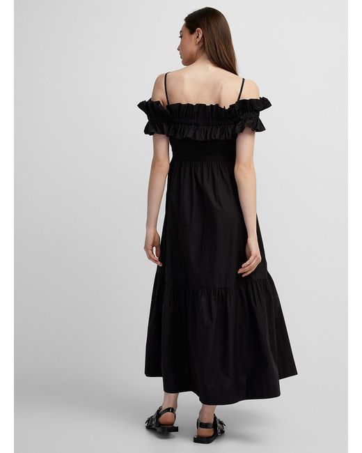 Ganni Black Smocked Poplin Dress