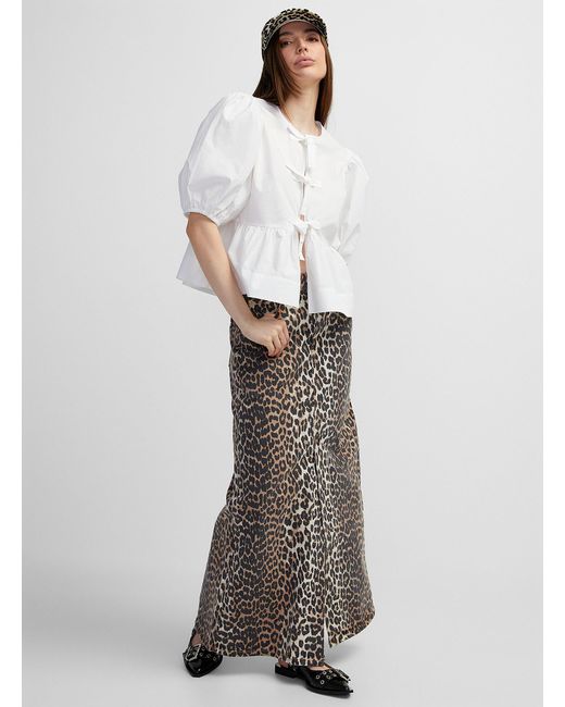 Ganni White Leopard Denim Maxi Skirt