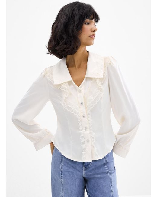 Icône White Satin And Lace Cropped Blouse