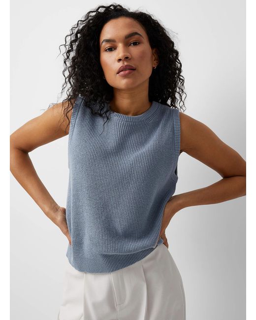 Contemporaine Cotton Cropped Shaker Rib Sweater Vest in Baby Blue (Blue