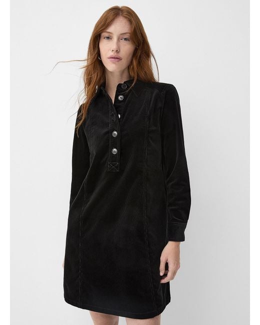 Contemporaine Black Ribbed Velvet Shirt Collar Dress