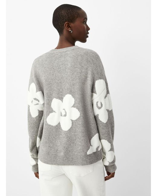 Contemporaine Gray Floral Brushed Jacquard Sweater