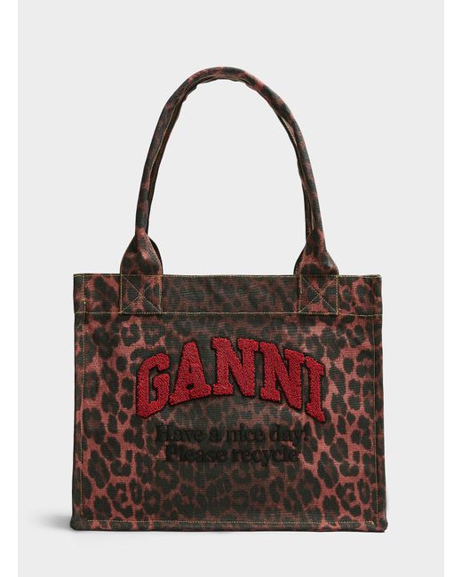 Ganni Red Please Recycle Terry Logo Leopard Print Tote