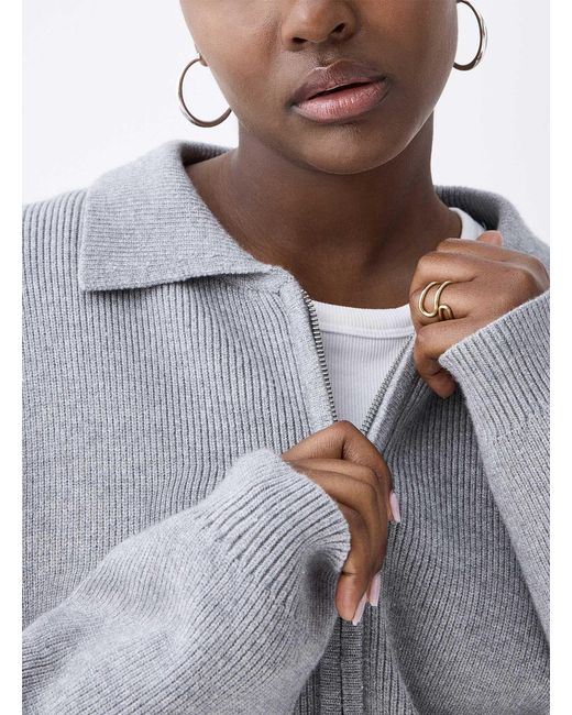 Twik Blue Zippered Polo Collar Loose Cardigan