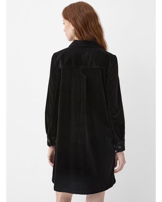 Contemporaine Black Ribbed Velvet Shirt Collar Dress