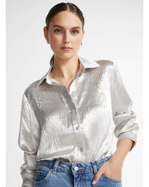 Icône Wrinkled Silver Satin Shirt in White | Lyst