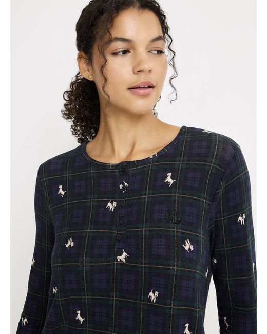 Ralph Lauren Blue Dogs And Checkers Henley Collar Nightgown