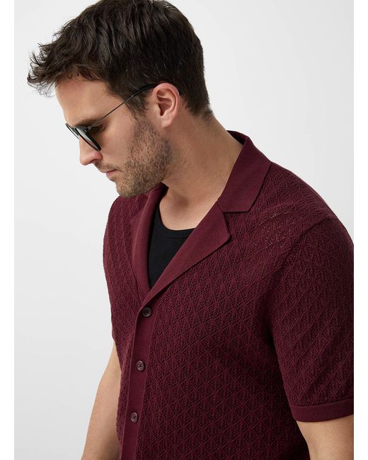 Le 31 Red Pointelle Knit Camp Shirt for men