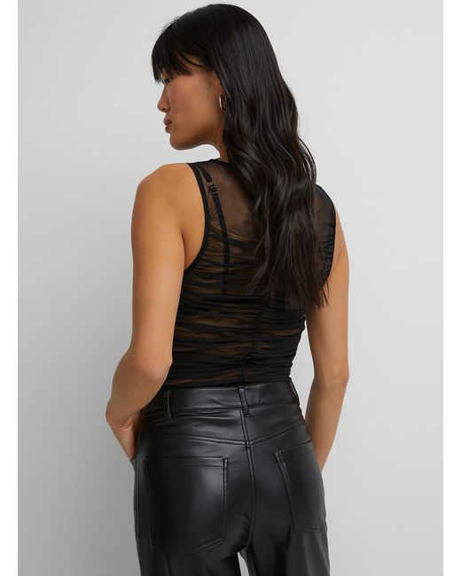 Icône Black Ruched Micromesh Sleeveless Bodysuit