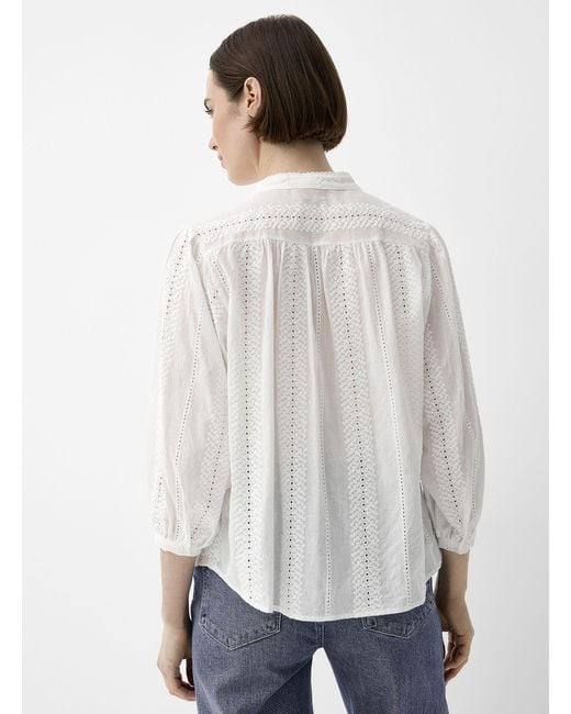 Contemporaine White Openwork And Embroidery Sheer Blouse