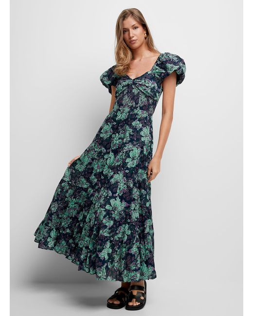 Free People Blue Sundrenche Nocturnal Flowers Long Tiered Dress