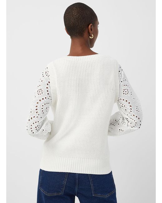 Contemporaine White Romantic Sleeves Ribbed Sweater