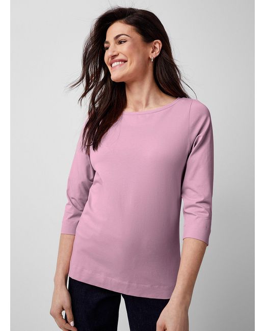 Contemporaine Pink 3/4 Sleeves Boat Neck Supima Cotton T
