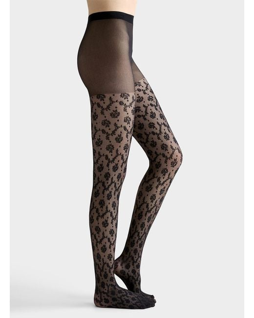 Simon's Black Baroque Lace Sheer Pantyhose