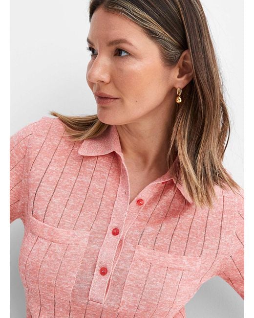 Boss Pink Flicity Openwork Stripes Knit Polo Shirt