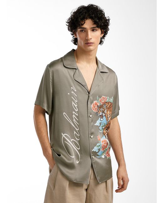 Balmain Gray Flowers And Tiger Flowy Shirt for men