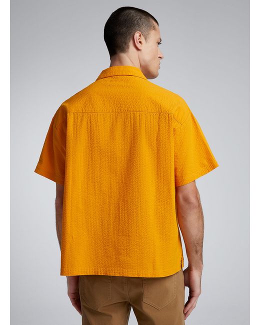 Native Youth Orange Embroidered Flower Seersucker Camp Shirt for men