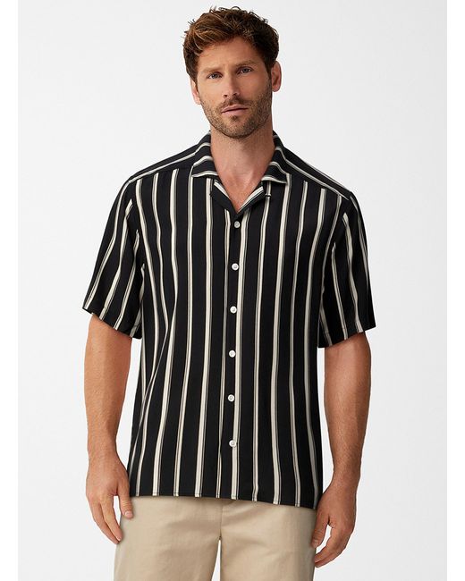 Le 31 Black Vertical Stripe Camp Shirt Comfort Fit for men