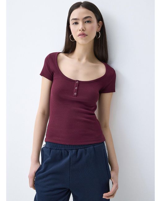 Twik Purple Fine Ribbing Henley Collar T