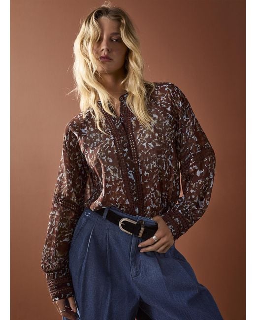 Icône Blue Openwork Details Sheer Chiffon Blouse