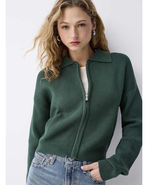 Twik Green Zippered Polo Collar Loose Cardigan