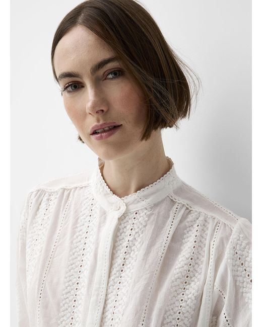 Contemporaine White Openwork And Embroidery Sheer Blouse