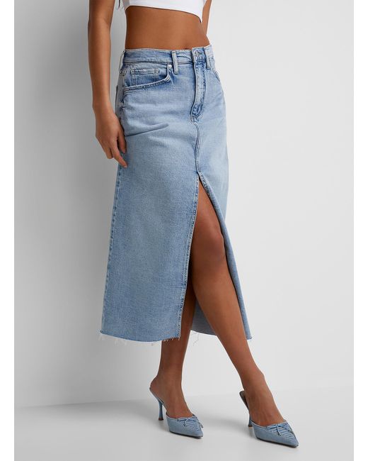 Icône Blue Long Front Slit Faded Denim Skirt