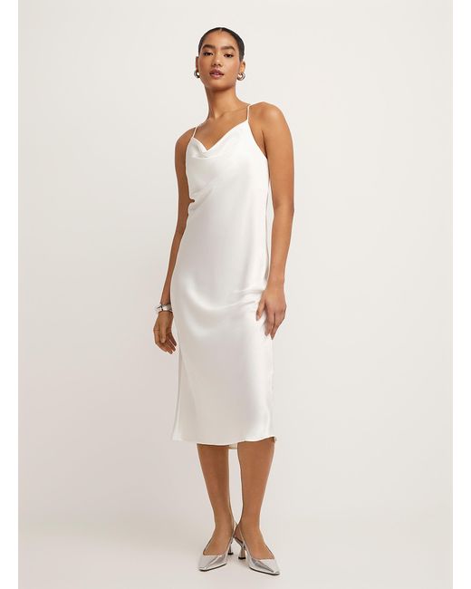 Icône White Draped Collar Ivory Satin Midi Dress
