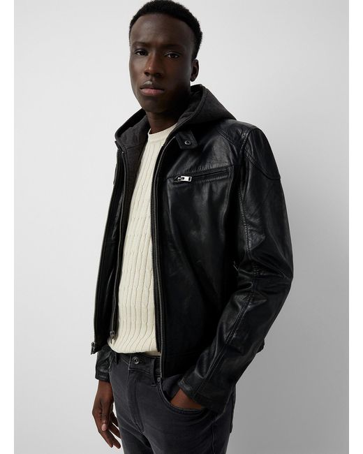 Le 31 Black Removable Hood Leather Jacket for men