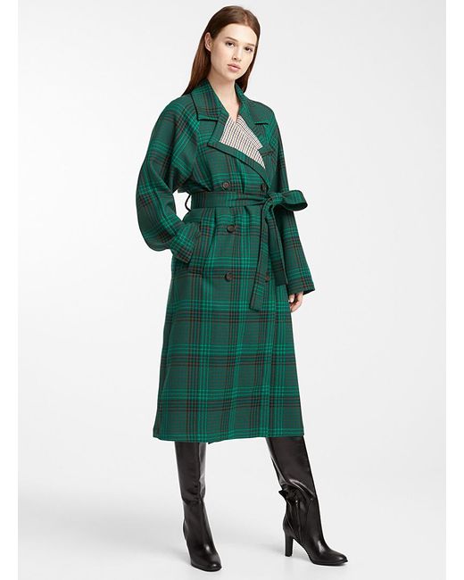 See By Chloé Green Double-breasted Plaid Trench Coat