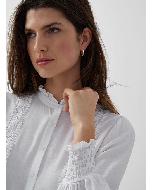 Contemporaine Gray Crocheted Ribbons Ruffled Collar Shirt